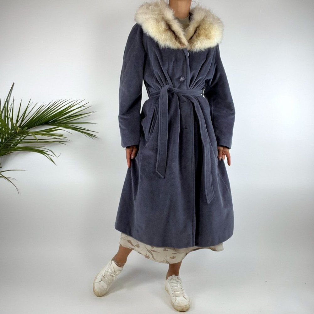 Vintage 70s Style Coquette Faux Fur Collar Blue Penny Lane Trench Coat / Sz: S/M